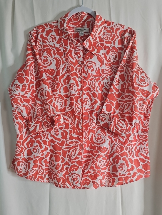 Coldwater Creek Tops - Coldwater Creek Coral Rose Print Button-Down Blouse